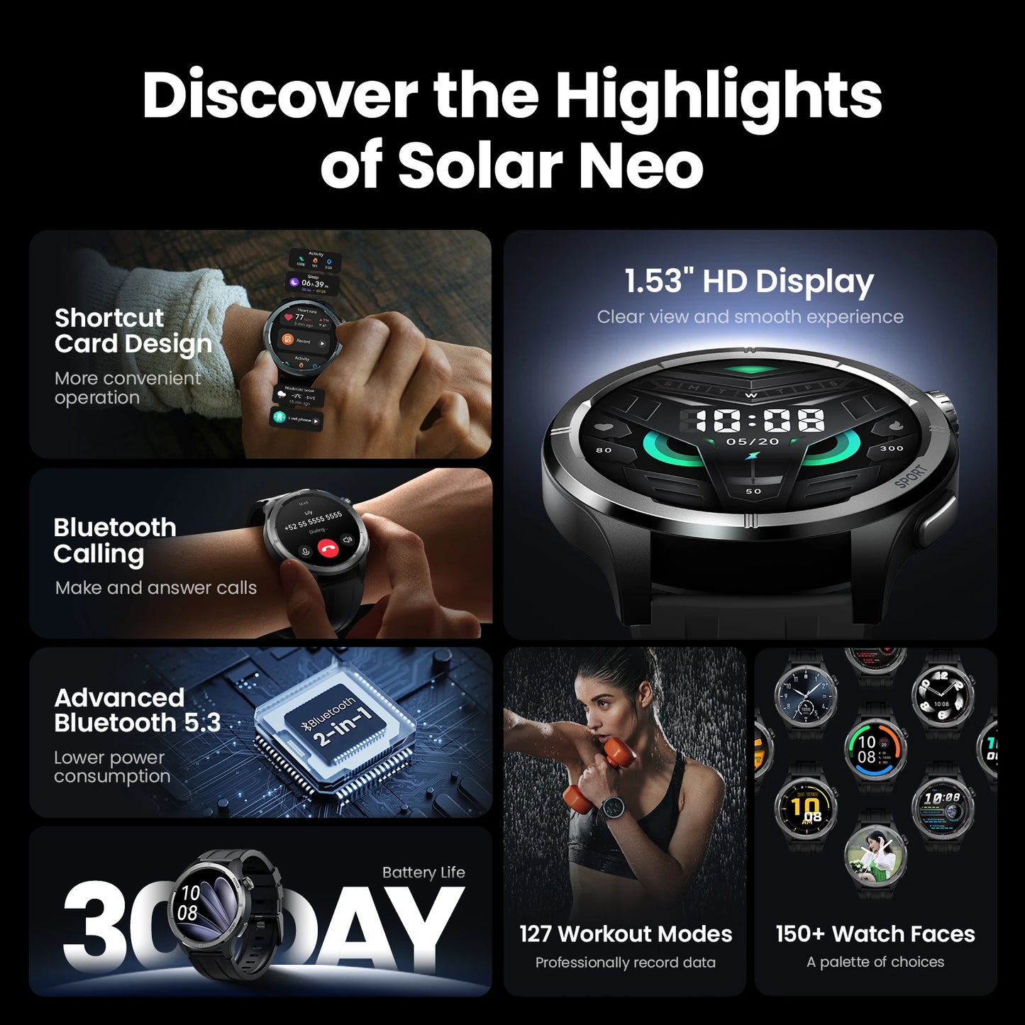 Solar Neo Smartwatch – 1.53” HD Display, Bluetooth Calling, 24H Health Monitoring