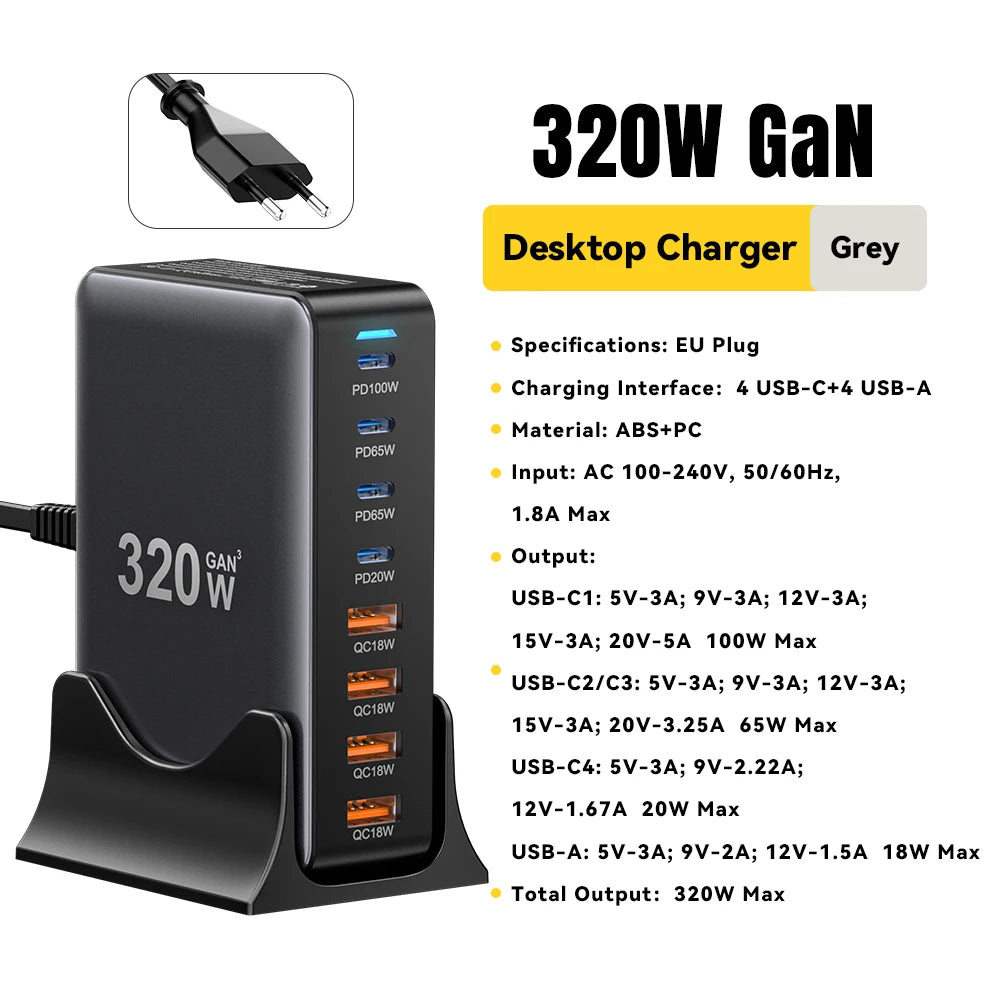⚡ Estación Carga GaN 320W 8Puerto