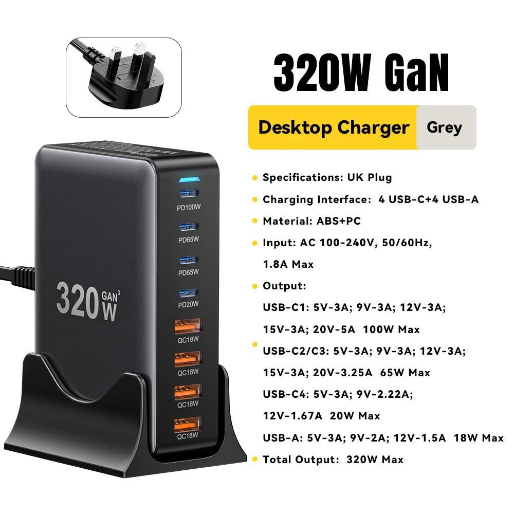 ⚡ Estación Carga GaN 320W 8Puerto